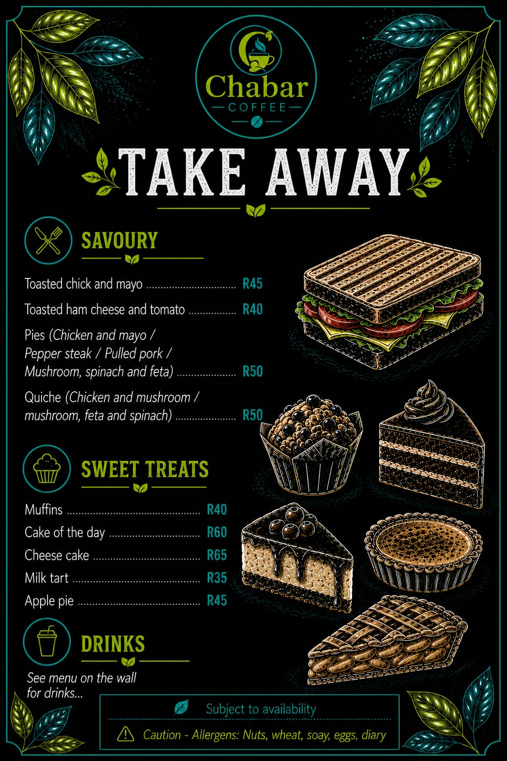 Chabar takeaway menu with savoury food, sweet treats, and drinks